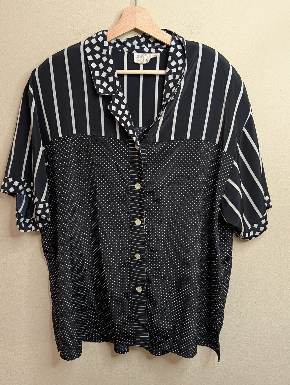 TanJay 20W Vintage‎ Mixed Pattern Blouse Black White Stripe Polka Dot Geometric